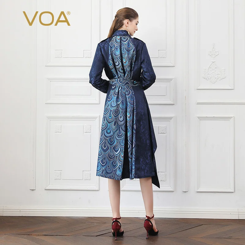 VOA Шелковый жаккардовый Тренч для женщин пояса Павлин перо печати ветровка осень