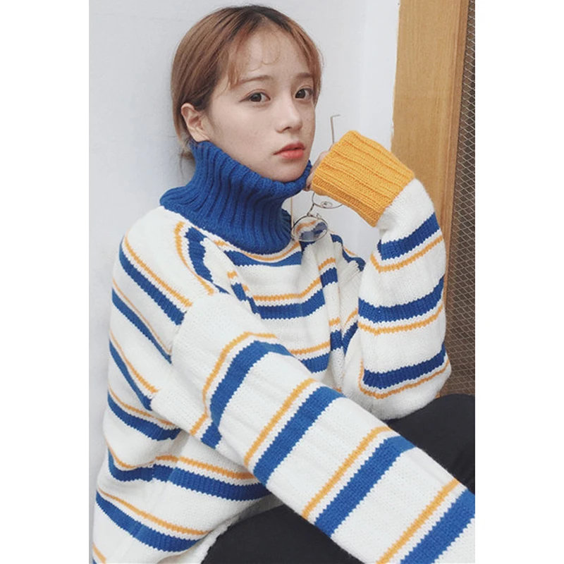 SVOKOR Women Winter High Collar Stitching Stripe Sweater Long Section Loose Leisure Knitted Thick Warm Korean Swea | Женская одежда