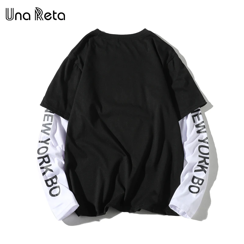 Una Reta T-Shirt Men Spring New Brand Hip-Hop Letter Splicing Tee Top Fake Two Pieces Long Sleeve Streetwear Men T Shirt