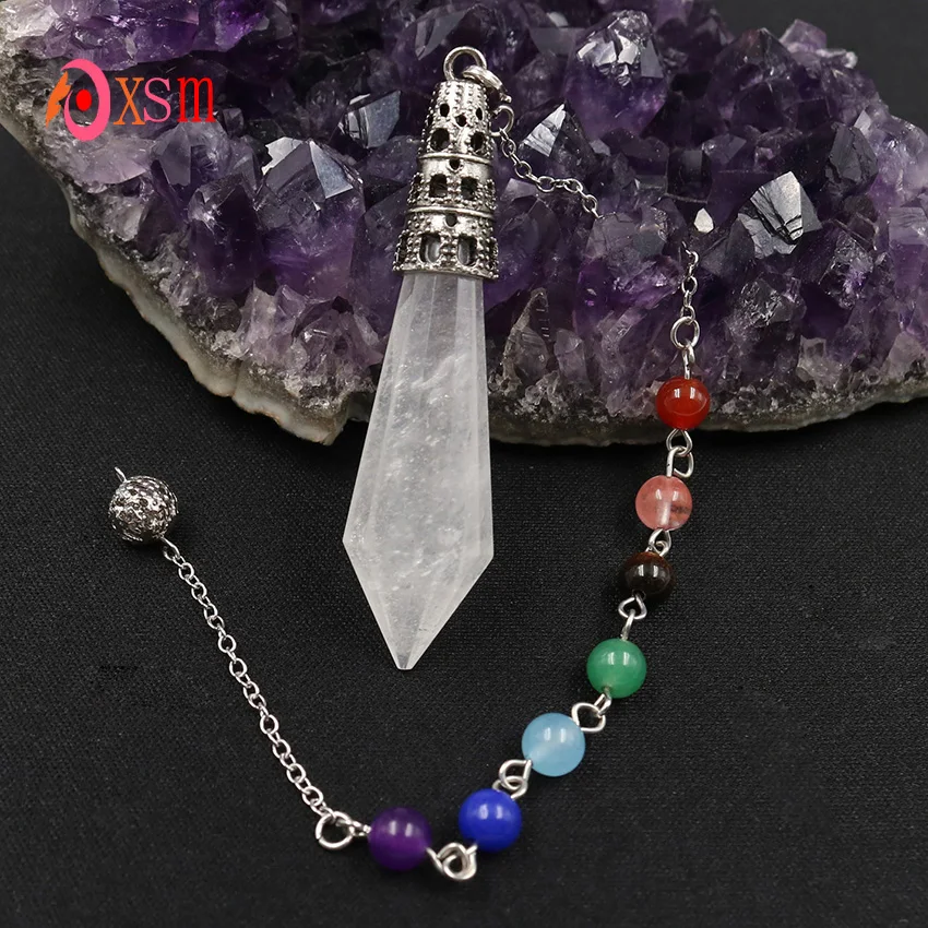 

xinshangmie 1pc Reiki Healing 7 Chakra Natural Stone Pendulum for Dowsing Hexagonal Prism Pyramid White Rock Crystal Pendants