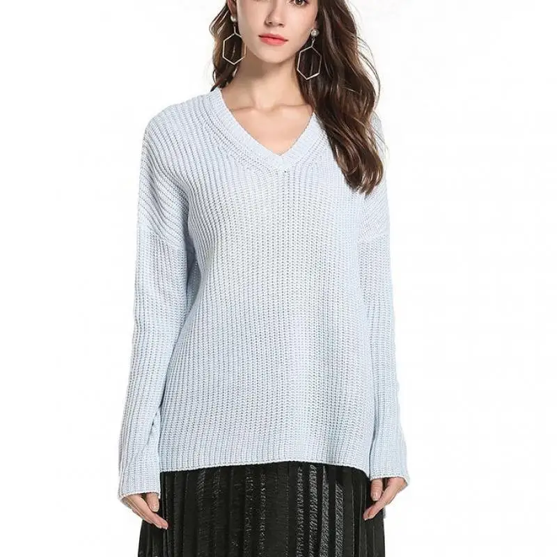 2018 Autumn And Winter Fashion Women's Sexy V-neck Knit Loose Pullover Long-sleeved Solid Color Casual Sweater Cj0325 | Женская