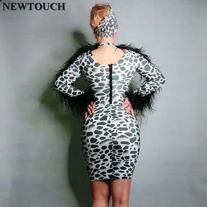 

2019 Shining Black Feather Sexy high-elastic long-sleeved Dress Female Singer Dancer Bright Bodysuit One-piece Party Dresses