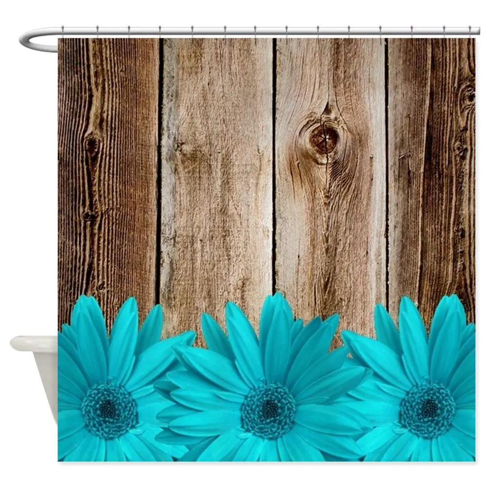 

Custom Rustic Barn Wood Teal Daisies Decorative Fabric Shower Curtain