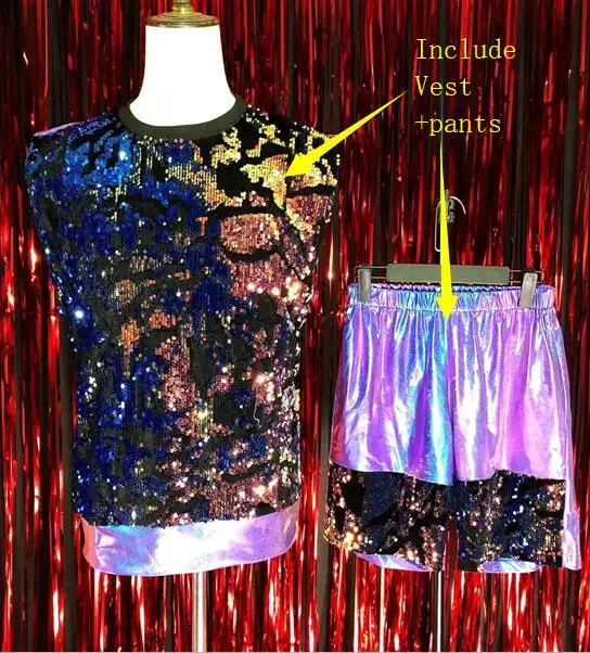 Vest Pants Мигающая фиолетовая бейсбольная форма в стиле хип-хоп, костюм для выступлений в ночном клубе, Мужская одежда для певца, танцора, сцены, рок-шоу - Цвет: Vest Pants