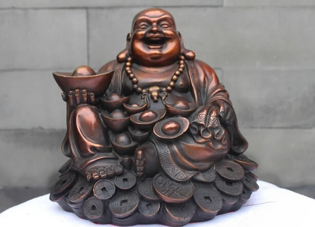 

Chinese Buddhism Hall Red Bronze Yuanbao Wealth Happy Maitreya Buddha Statue Copper garden decoration