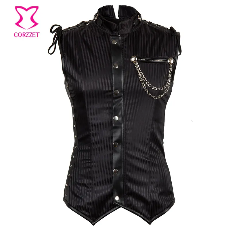 

Punk Rock Black Striped Sleeveless Jacket Steampunk Vest Men Chaleco Hombre Plus Size 6XL Corset Mens Waistcoat Gothic Clothing