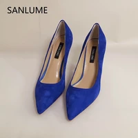 sanlume blue suede women fashion high heels real leather pumps lady office shoes heels inside sheepskin pointed toe