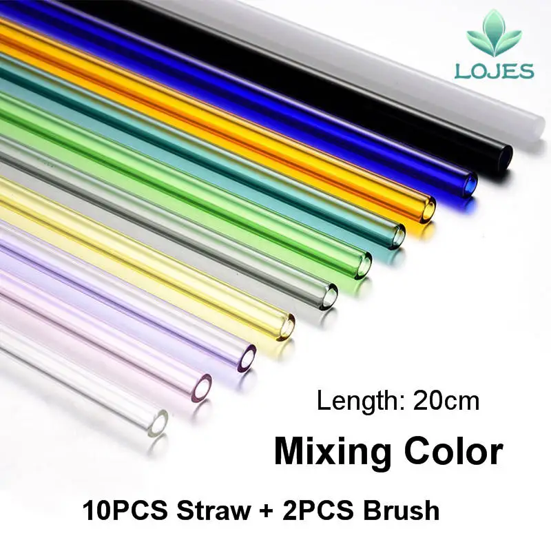 random color 10 шт Ручная работа стеклянная соломка с 2 шт чистящей щеткой экологически чистые бытовые стеклянные прямые трубы Tubularis храп кусок трубки - Цвет: random color