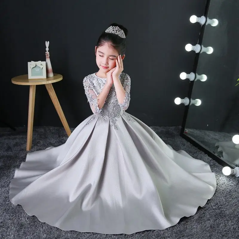 Детское Серебряное платье принцессы 2019 детское официальное с аппликацией для
