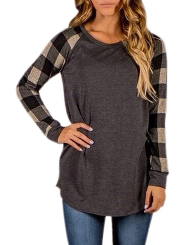 High Quality 2018 eBay Amazon Hot Sale Plaid Print Knee Pullover Panel Color Block Top T-Shirt Striped Sleeves Hoodies Cute New | Женская