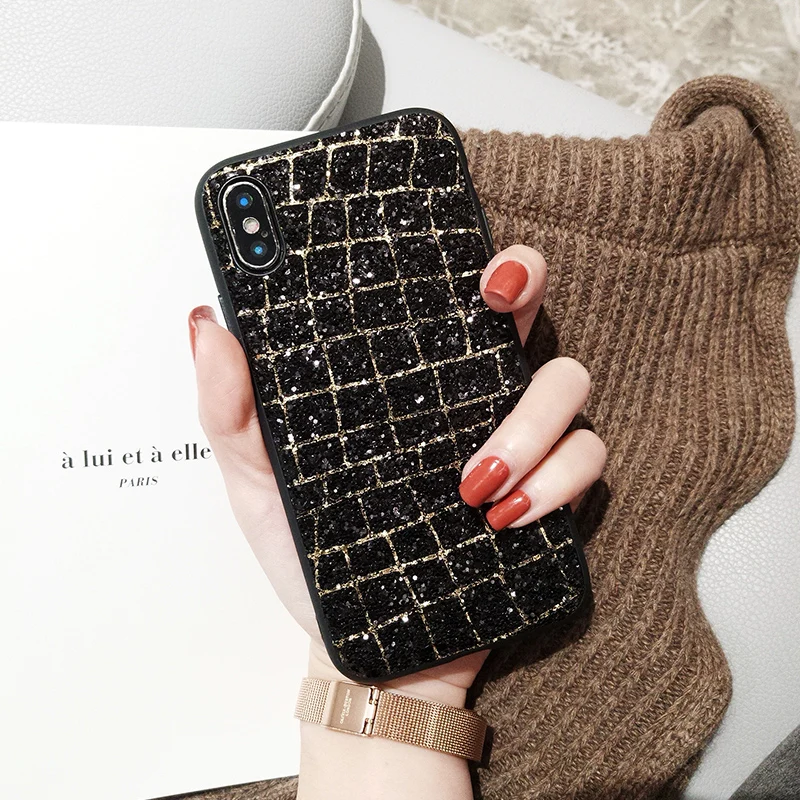 For iPhone X Case Classical Grid Bling Glitter Sequins Hard Cover 8 7 6 6S Plus Full Protective iPhone8 |