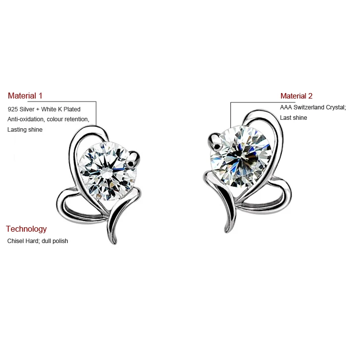 2021 Fashion Women Stud Earring Europe Style Bow Ladies Luxury Crystal 925 Silver Ear Jewelry Heart Shaped Wholesale CY043 | Украшения и