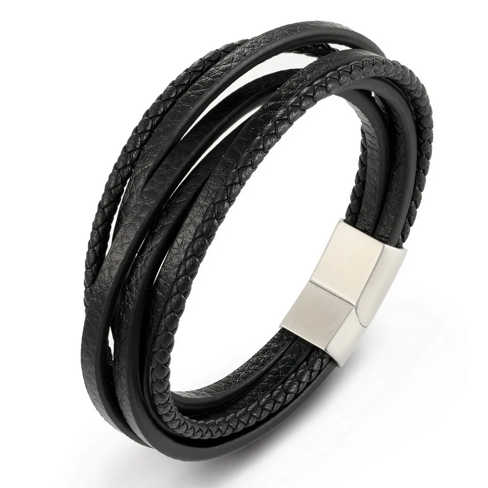 Black Steel XQNI, модная цепочка из нержавеющей стали, браслет из натуральной кожи для мужчин, Ретро стиль, мужская оплетка, ювелирные изделия для женщин - Окраска металла: Black Steel