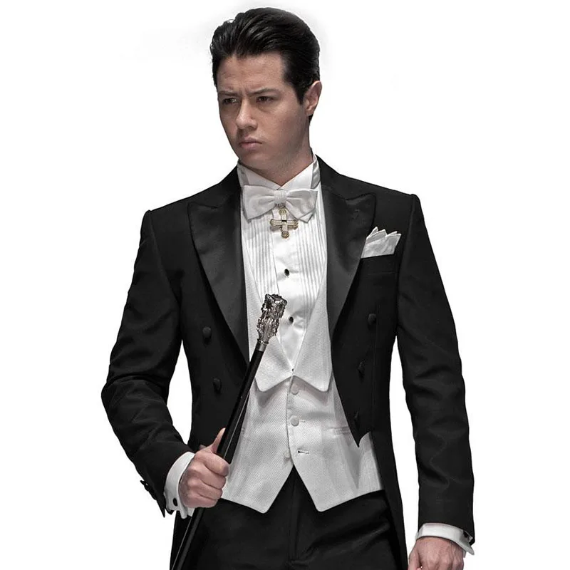 2020 latest coat pant designs Men's Tailcoat dress Black Peaked collar suits costume homme men suit ( jacket+Pants+vest+tie) | Мужская