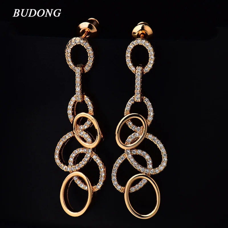 BUDONG Сияющие геометрические круглые длинные висячие серьги для женщин серебро/золото цвет CZ Циркон полые Висячие серьги ювелирные изделия XUAE024