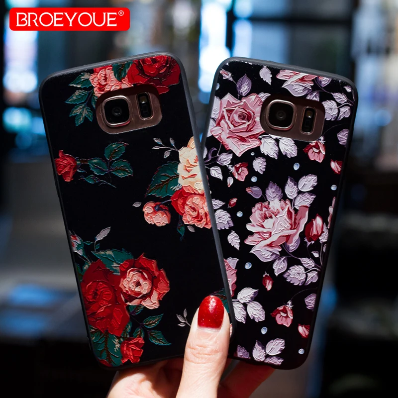 BROEYOUE Case For Samsung Galaxy A3 A5 A7 A8 J3 J5 J7 2016 2017 Pro S7 S8 S9 Edge Plus 3D Relief Silicone TPU Flower Phone Cases |