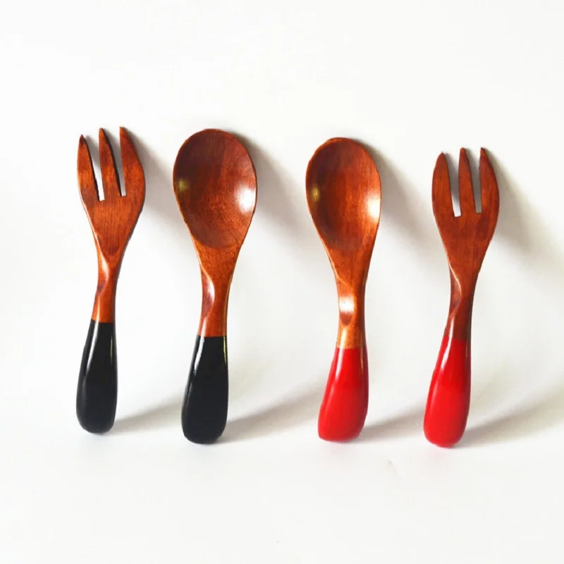 2 Sets Beautiful Twisted Spoon Fork Set Kids Wooden Red Black Curved Baby Dessert Kitchen Dinnerware | Дом и сад