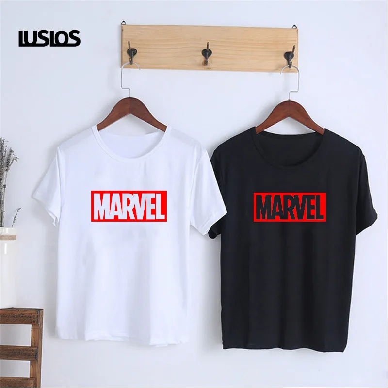 LUSLOS MARVEL футболка Супергерои Модная белая черная футболка женская летняя повседневная футболка с коротким рукавом и круглым вырезом модные футболки с надписью