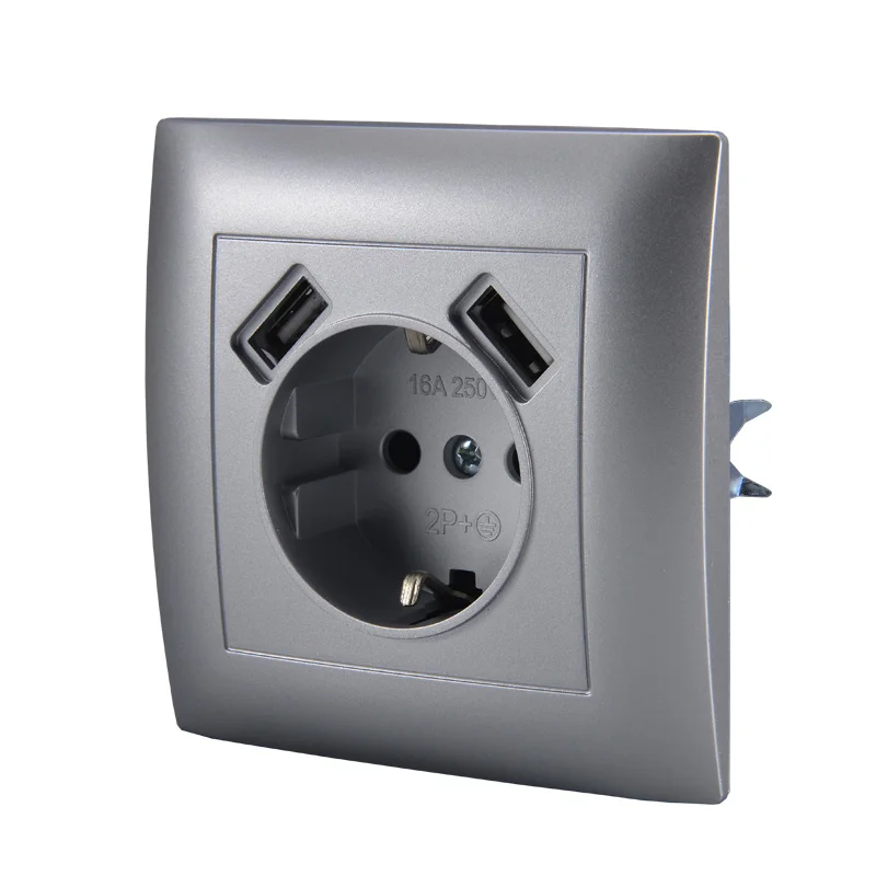 USB Wall одно гнездо заземления с двойным usb портом 5V 2A Enchufes Para Серебряный приз Electrique