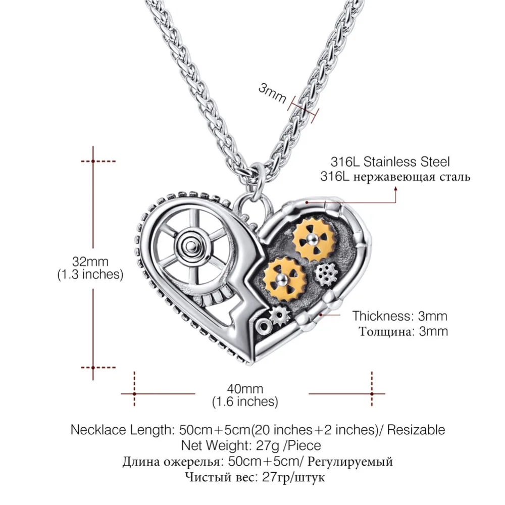 

Kpop Mechanical Steampunk Heart Pendant Necklace Retro Jewelry Stainless Steel Silver Sprocket Gear Heart Necklace for Men P3275