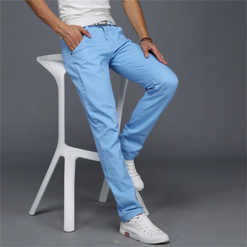 light blue New Thin Pants Men Business Casual Pants Plus Size Cotton Slim Straight Summer Fashion Solid Color Trousers Men - Цвет: light blue