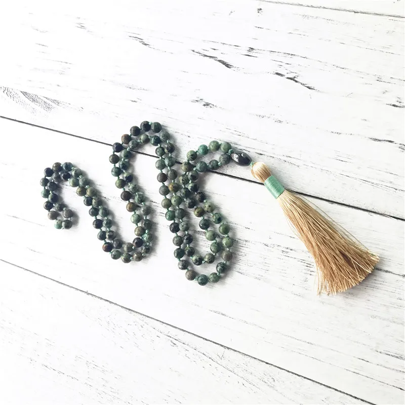 Натуральная африканская бирюза и гематит с ручной вязкой 108 Мала Бусы Ювелирные