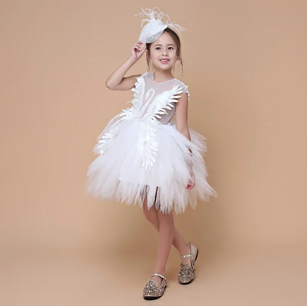 

Girls Costumes Princess Tutu White Swan Feather Flower Girl Child Presenter Dress