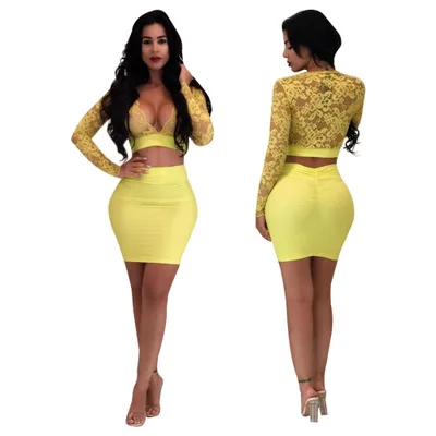 Прозрачные Клубные кружевные комплекты короткий топ и юбки сексуальные женские