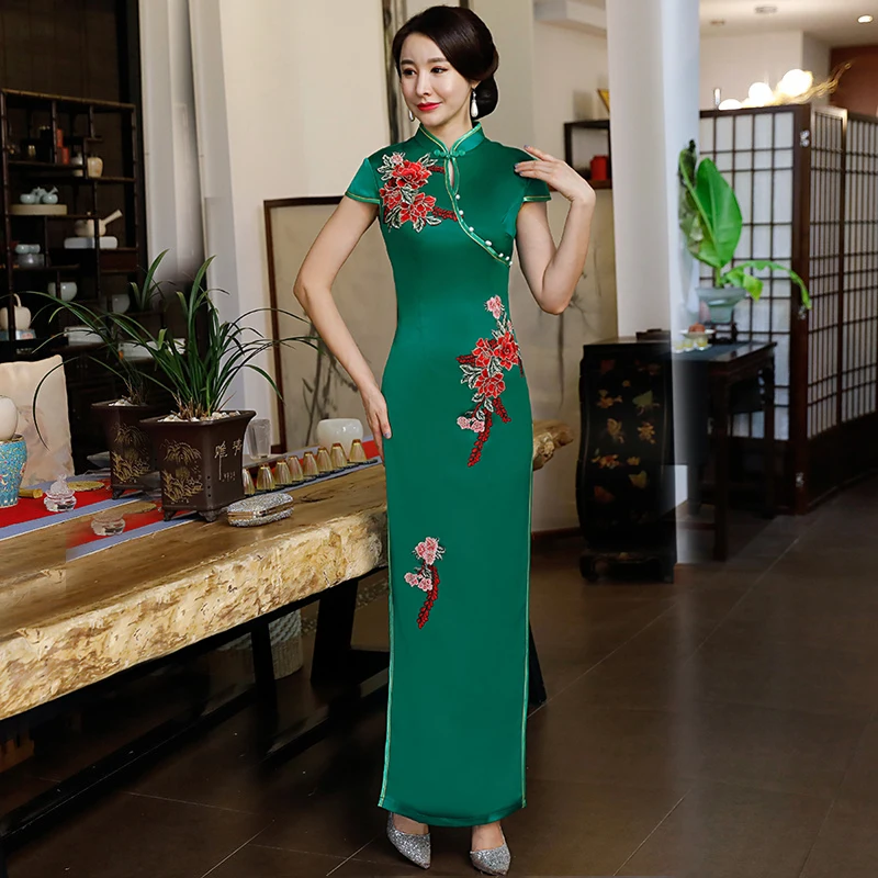 

Green Lady Spring Long Cheongsam Chinese style Maxi Dress Womens Qipao Slim Party Dresses Lady Button Vestido Plus Size S-4XL
