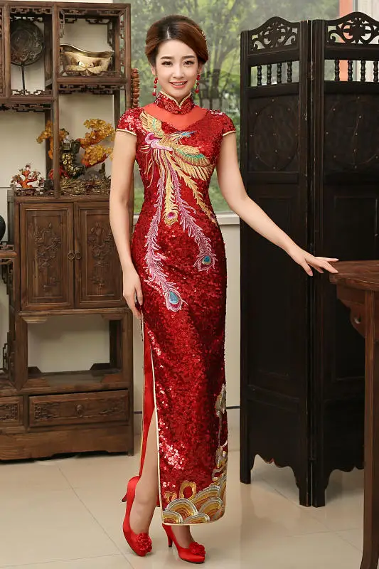 Красный Bling Для женщин Cheongsam Китайский Стиль блестками платье с Фениксом Bodycon блеск вечерние Макси платья-деко Ретро Lentejuelas Qipao
