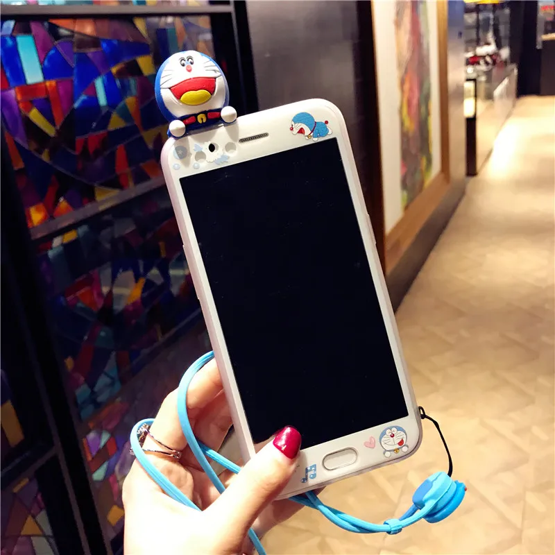 3D Doraemon case For iPhone 8 /8 Plus cute Tempered Glass for 7 plus /7 6 6s doll clear cover cartoon color film +rope |
