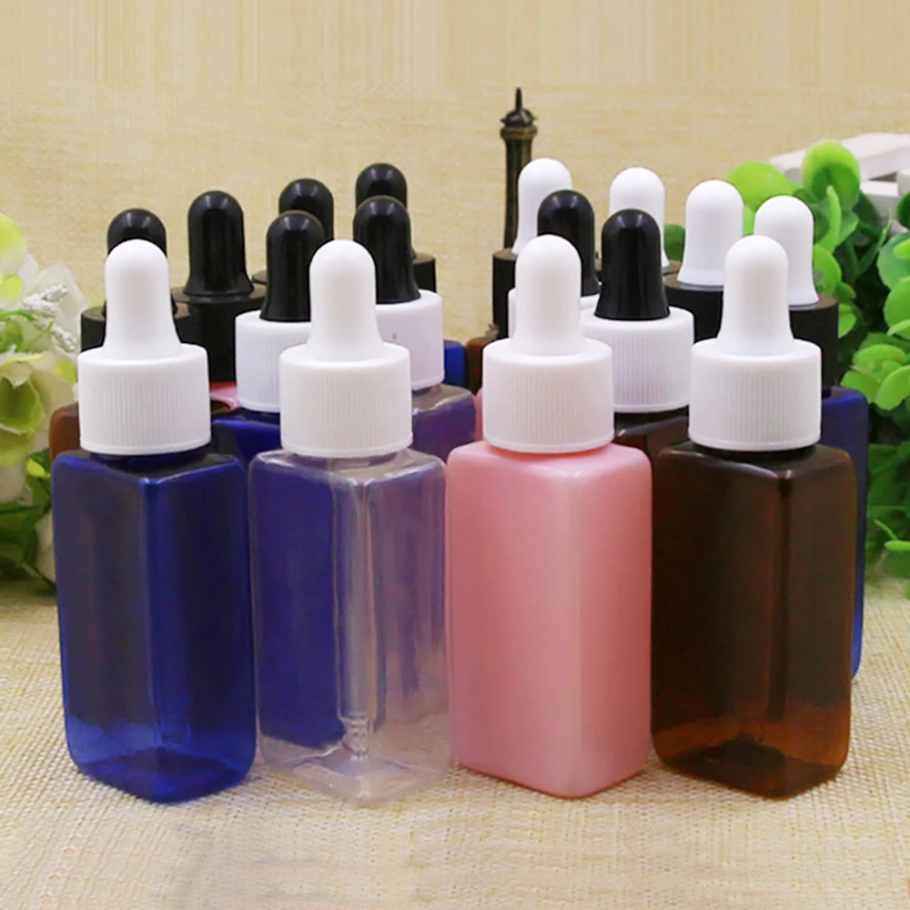 

100pcs 30ml Square liquid PET Plastic Dropper Bottle 1oz Clear Amber pink blue brown Dropper Containers for Essential Oil Use