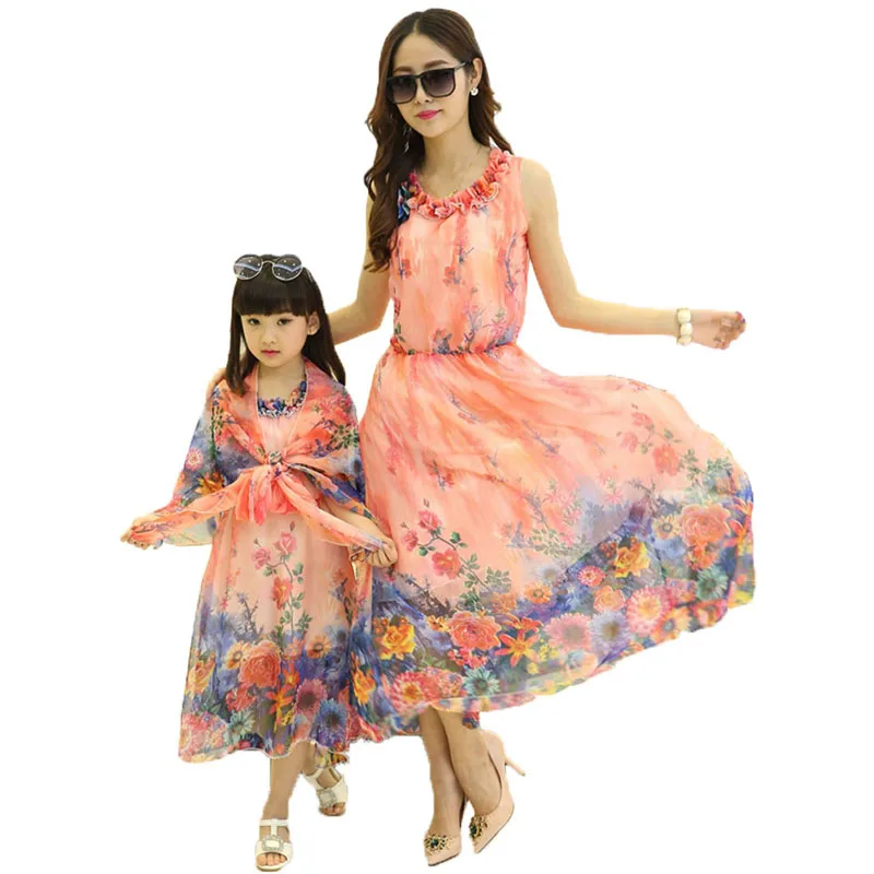 

2019 Mother Daughter Family Matching Outfits Dress And Shawl 2Pcs Summer Chiffon Girl Women Boho Loose Dresses Sundress Clothes