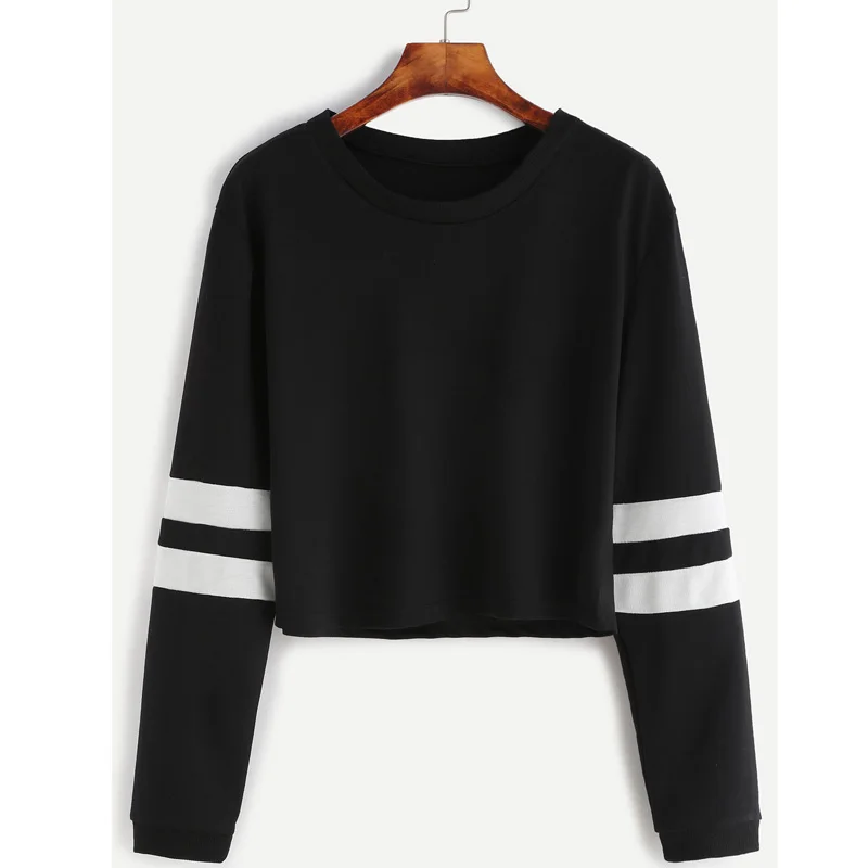 Демисезонный Striped Varsity короткие футболки Для женщин с круглым вырезом и длинными