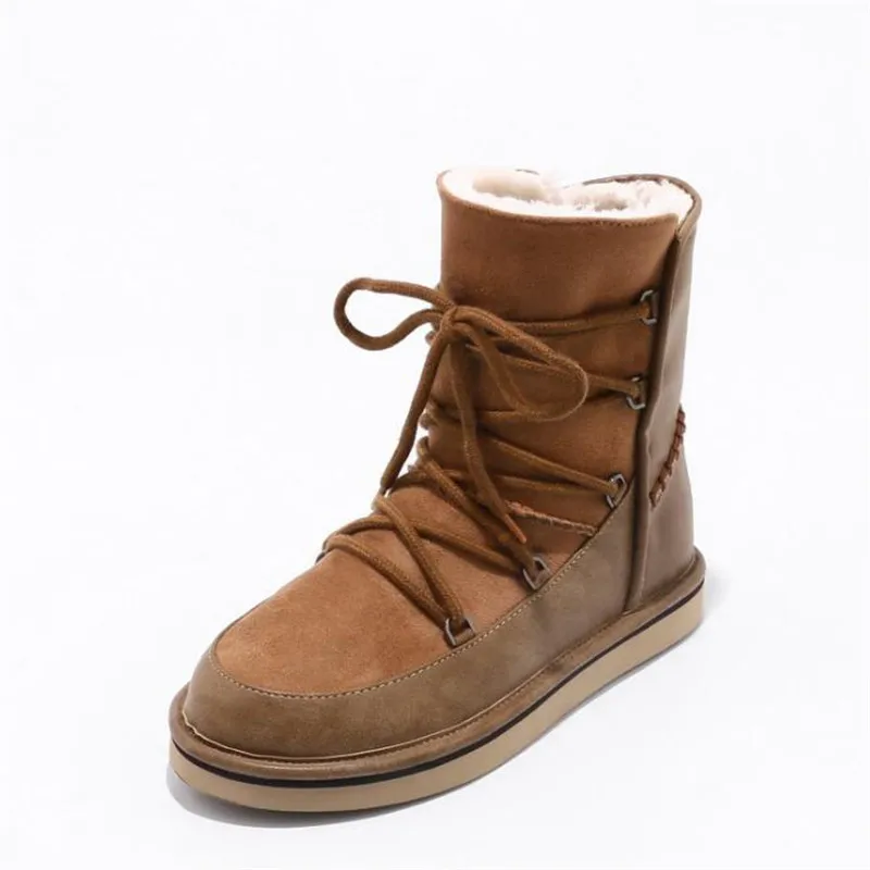 2018 winter new snow boots fashion mid-calf lace-up plush platform shoes women genuine leather Warm Women Обувь