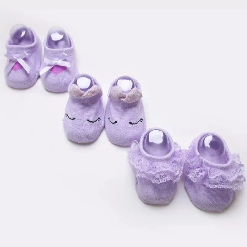 4 purple 3 пар/упак. носки для маленьких девочек хлопковые носки-тапочки для новорожденных с бантом и кружевом, носок с рюшами, нескользящие носки-тапочки для детей 0-3 лет - Цвет: 4 purple
