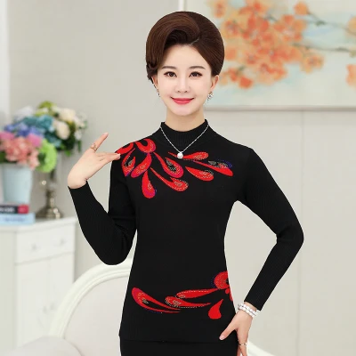 Для женщин вязаный джемпер пуловер свитер осень-зима джемпер среднего возраста Дамская с цветочным принтом, длинный рукав, Вязанная одежда Топ - Цвет: Black 1