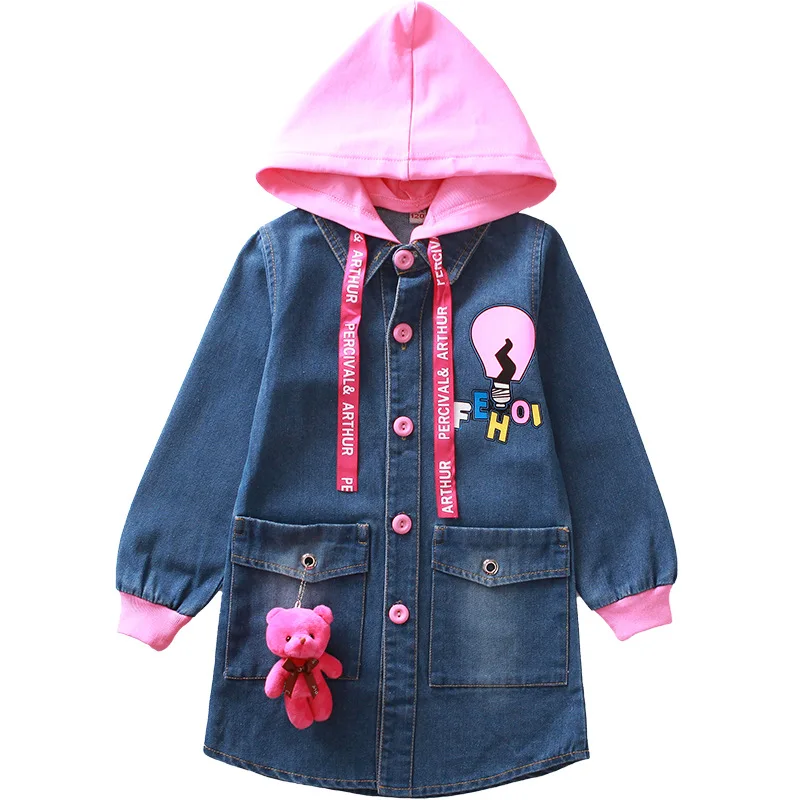 Girls Blue Jeans Jackets 2018 New Autumn Children Long Clothes Girl Kids Outerwear Coats Denim Sleeve Cartoon Jacket Hooded | Детская