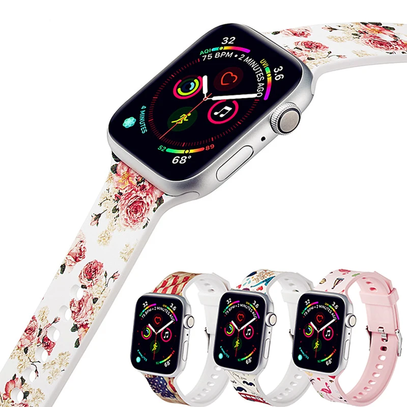 Сменный силиконовый ремешок для Apple Watch браслет с цветочным принтом iwatch 5 3 2 38 42 мм 4