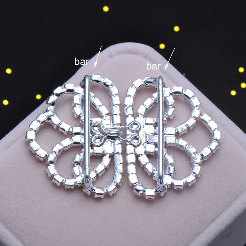 

(S0393)10pcs/lot, 57mmX40mm Rhinestone Frog ,Rhinestone Pair Buckle For Silk Invitations in Silver Plated, with bar at back