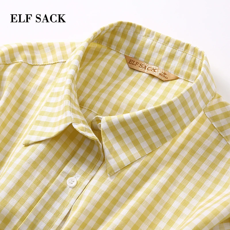 ELFSACK, женские летние клетчатые блузки, Свободный укороченный топ с расклешенными рукавами, женские рубашки с отложным воротником, коллаж, Стильные топы с v-образным вырезом