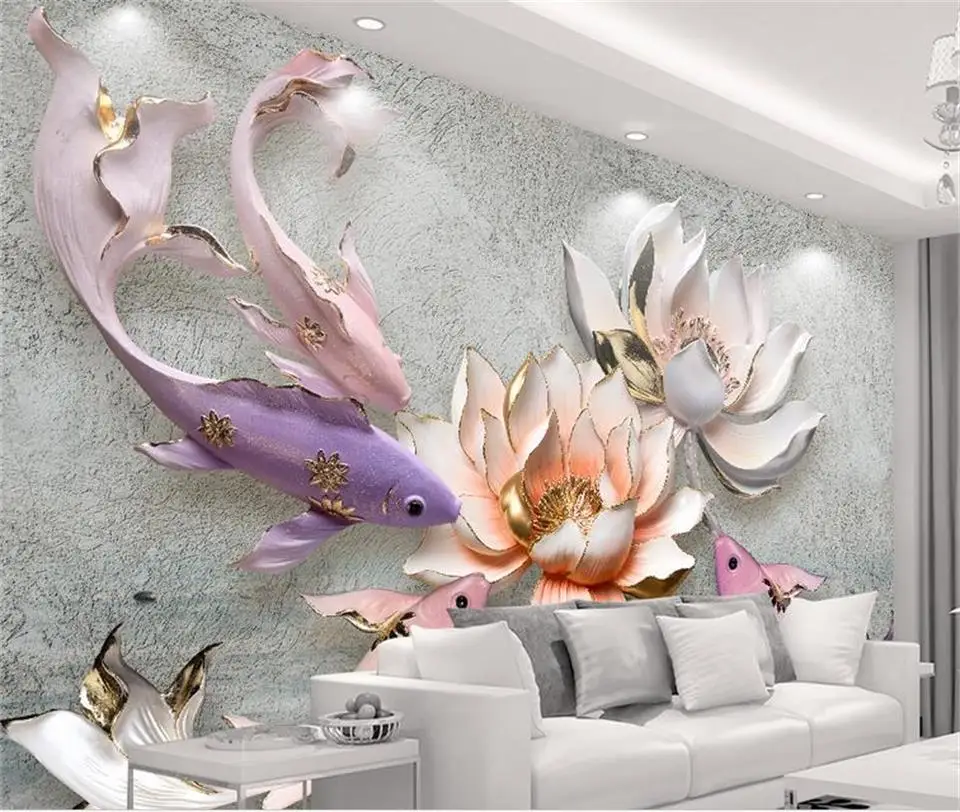 

3d обои на заказ фото обои для гостиной настенные рельефные lotus fish 3d картина Диван ТВ фон обои для стен 3 d