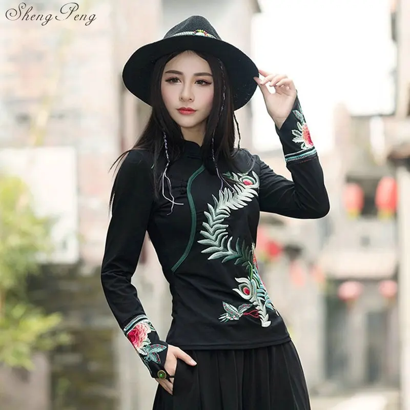 Cheongsam Топ Традиционный китайский костюм для женщин рубашка с длинными рукавами хлопок винтажная одежда Топ И Блузка V1453