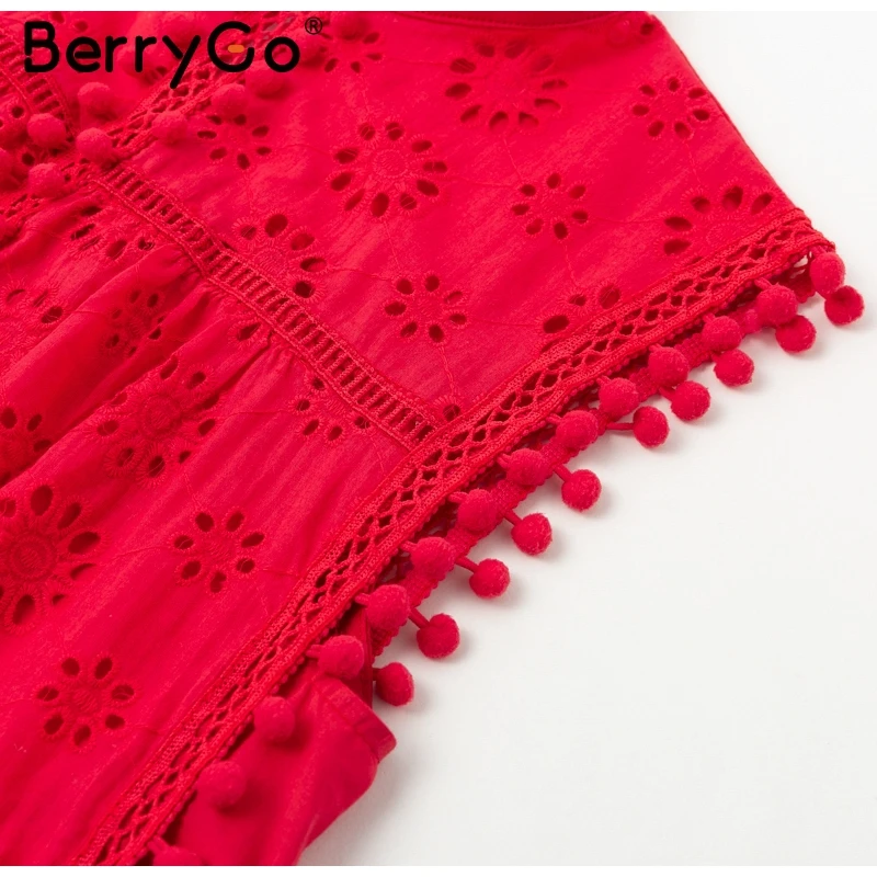BerryGo элегантная повседневная Хлопковая женская блузка, рубашка без рукавов, летняя майка, рубашки, женские красные блузки с вышивкой и кисточками