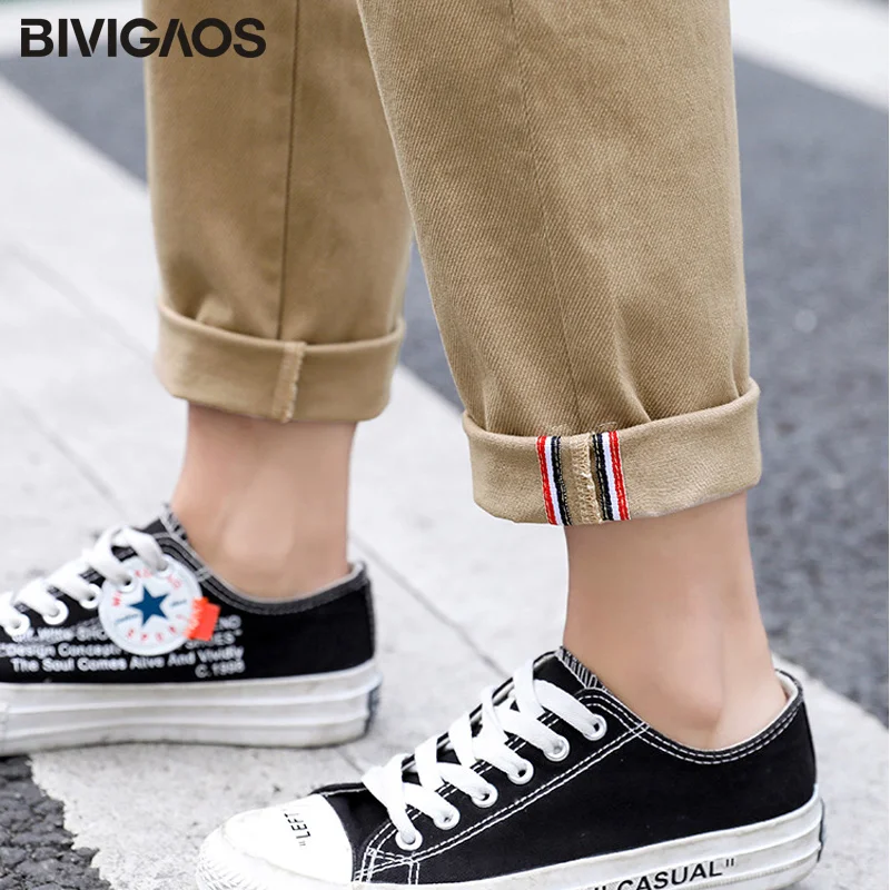 BIVIGAOS новые модный женские брюки-карго с ленточным подкладом хлопковые свободные прямые повседневные штаны-шаровары с высокой талией Комбинезон