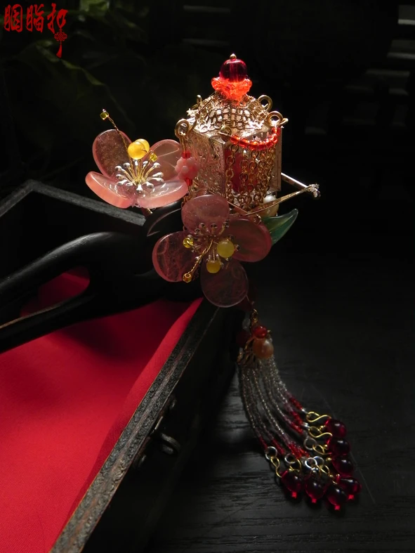 Black Sanderwood Ancient Chinese Sedan Pink Crystal Petal Ebony classical hair stick YueYe Delicate Hair Stick Pure Handmade