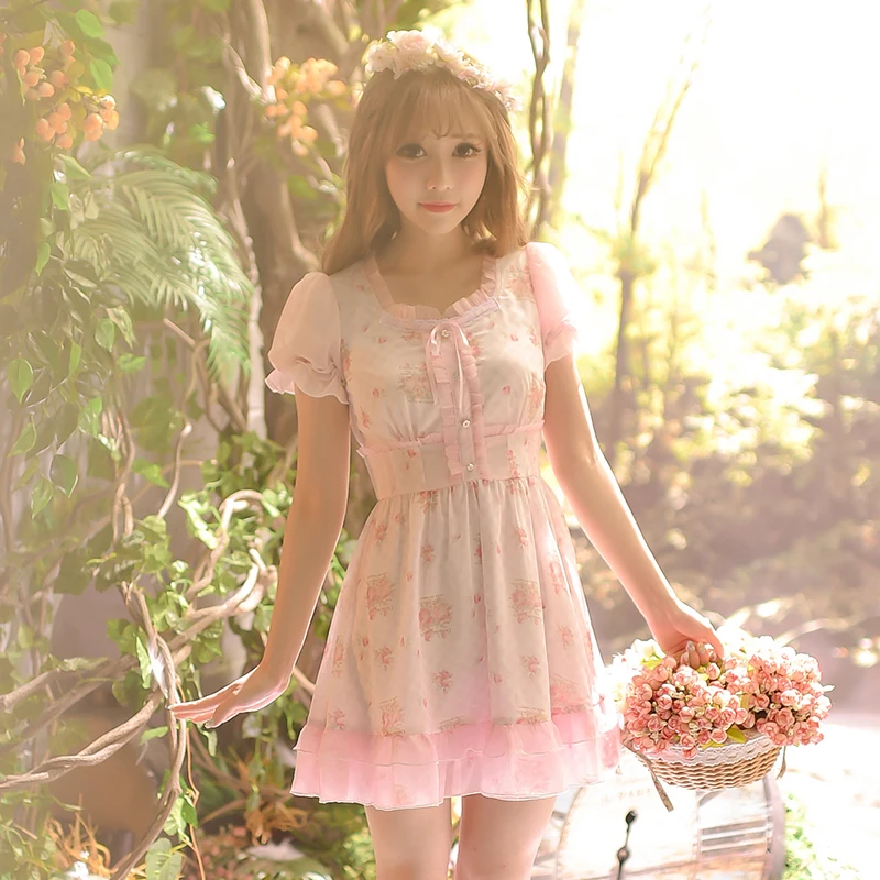 

Princess sweet lolita dress Candy rain 2016 summer new women students sweet Floral Chiffon falbala summer small fresh C16AB6048