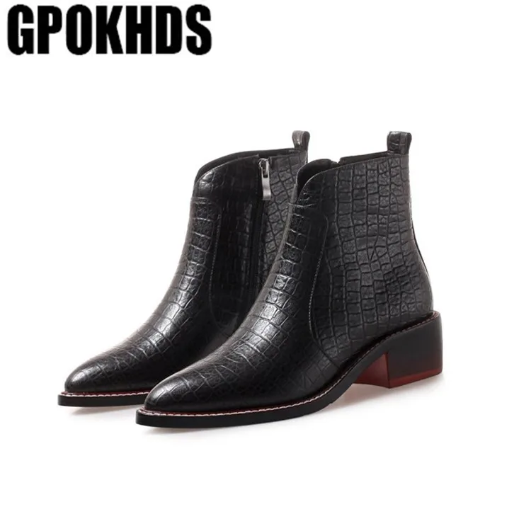 Женские ботинки на молнии GPOKHDS коричневые из коровьей кожи высоком каблуке с