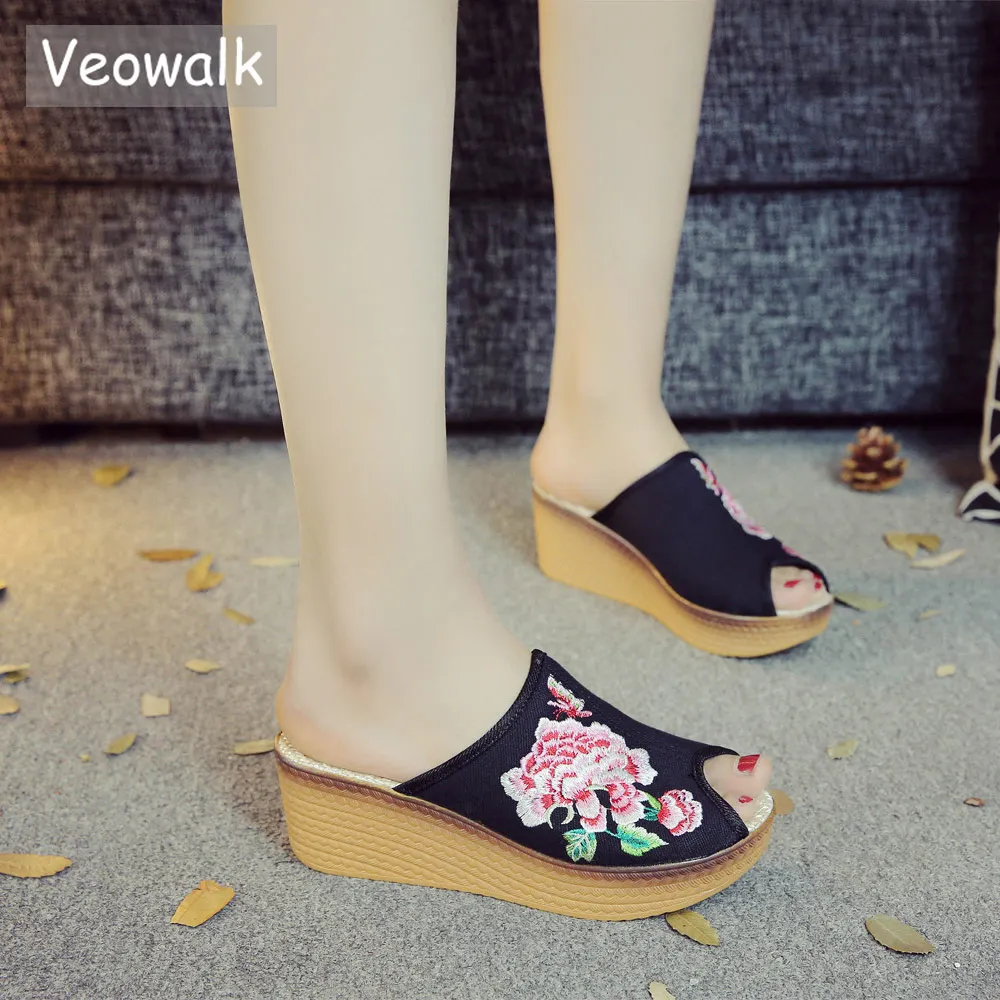 

Veowalk Peep Toe Women Cotton Fabric Wedge Slides, Summer Ladies Canvas Platform Slippers Handmade Embroidered Slip-on Shoes