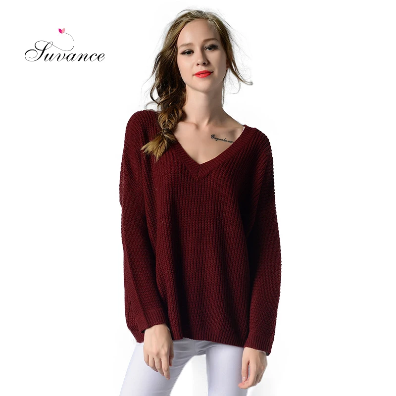 Модный сексуальный вязаный Однотонный женский пуловер с v-образным вырезом и